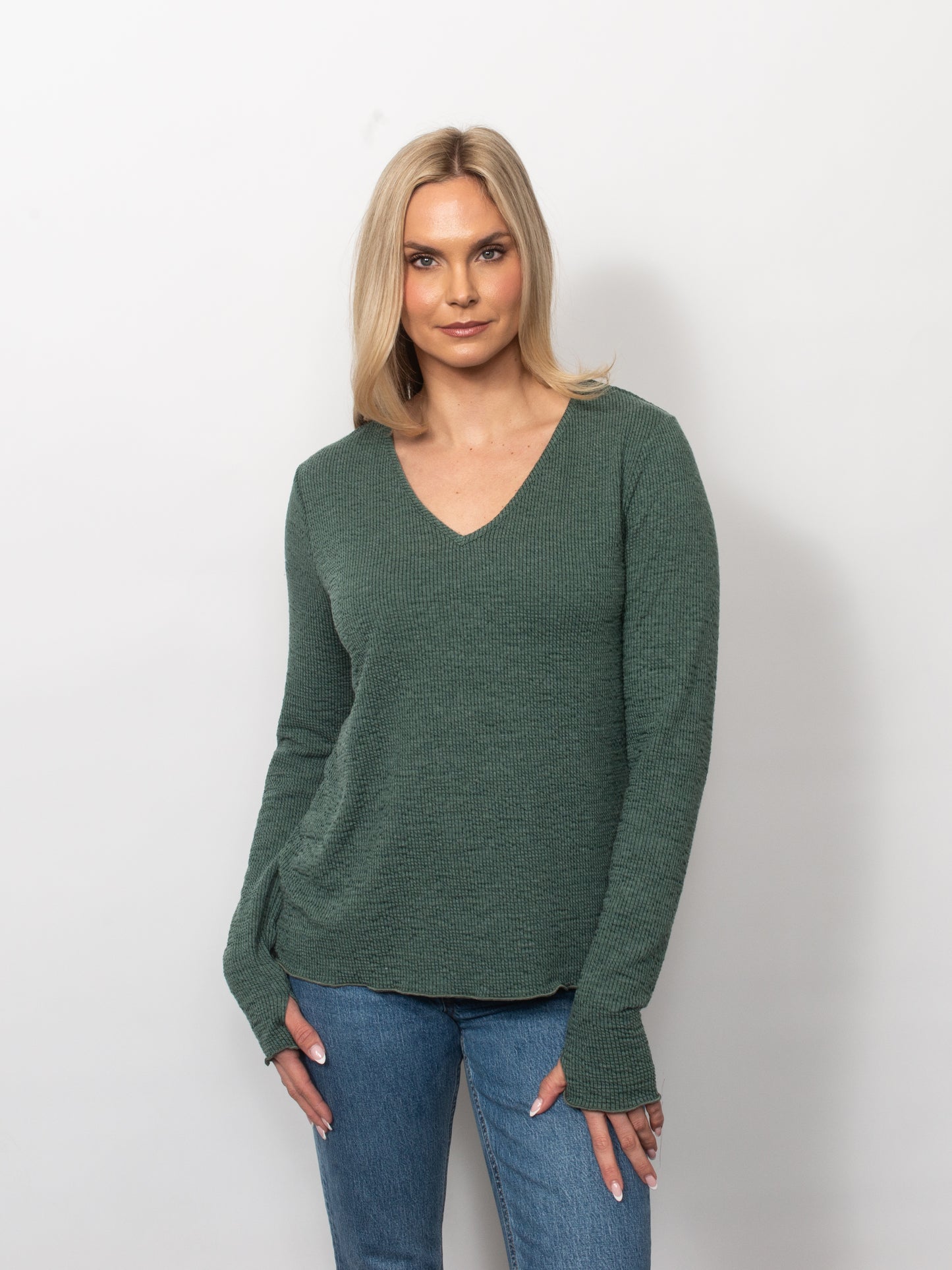 Seersucker V-Neck Top With Thumbholes