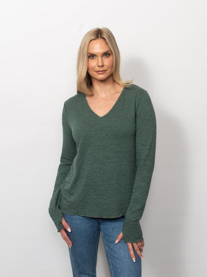 Seersucker V-Neck Top With Thumbholes