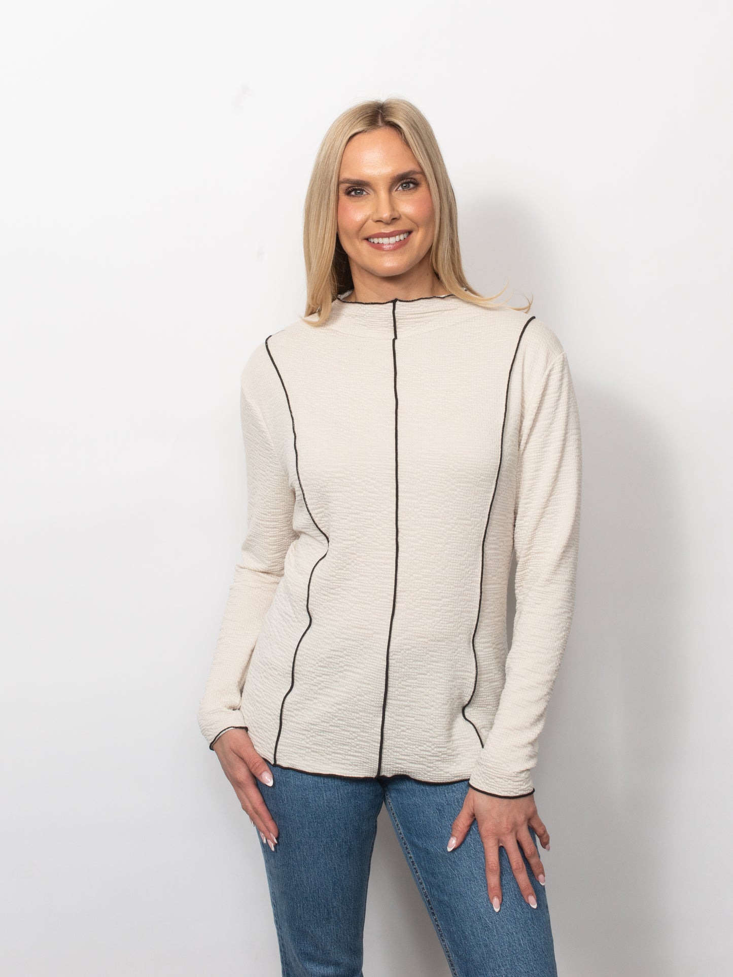 Seersucker Mock Neck Top