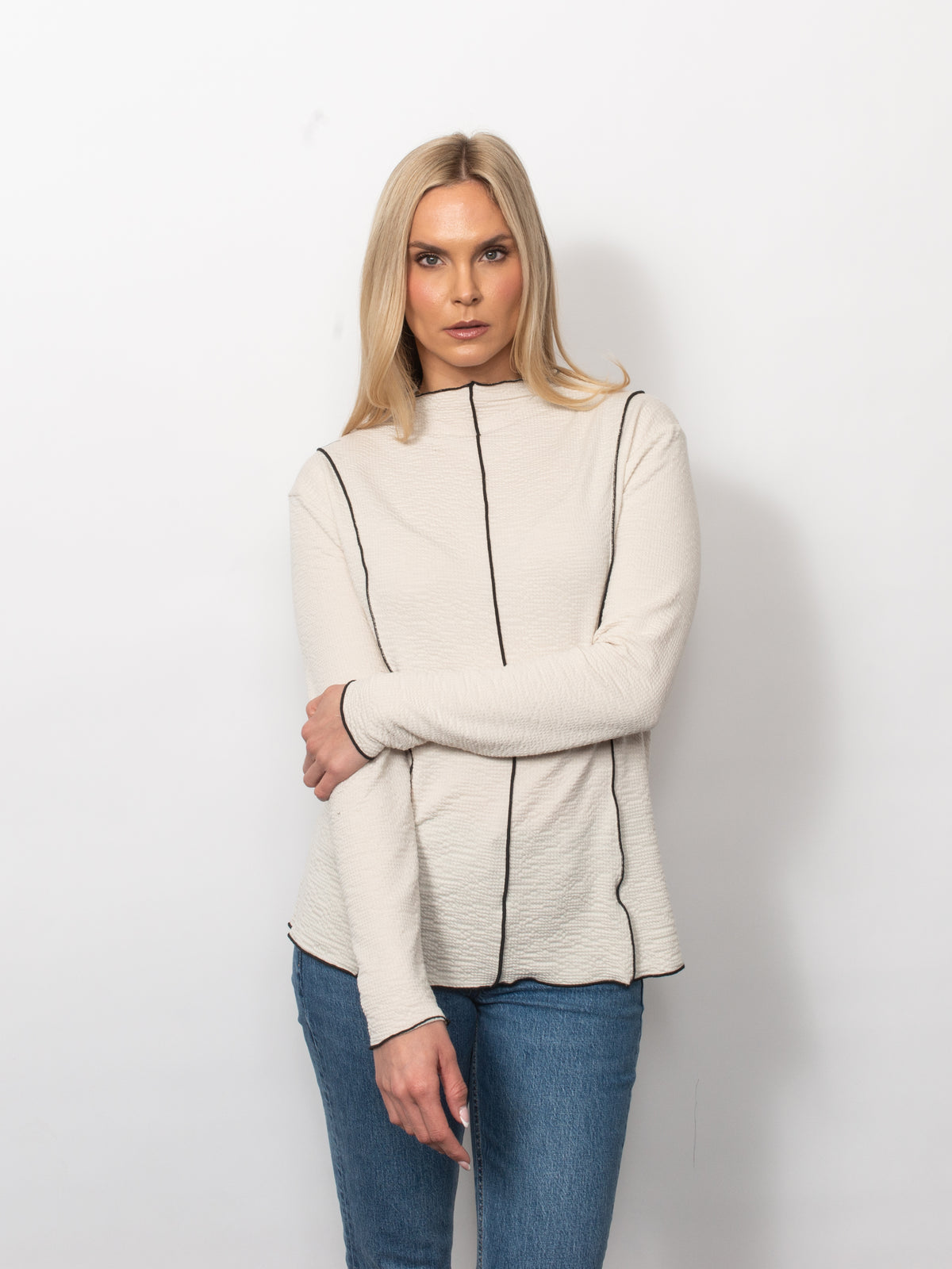 Seersucker Mock Neck Top