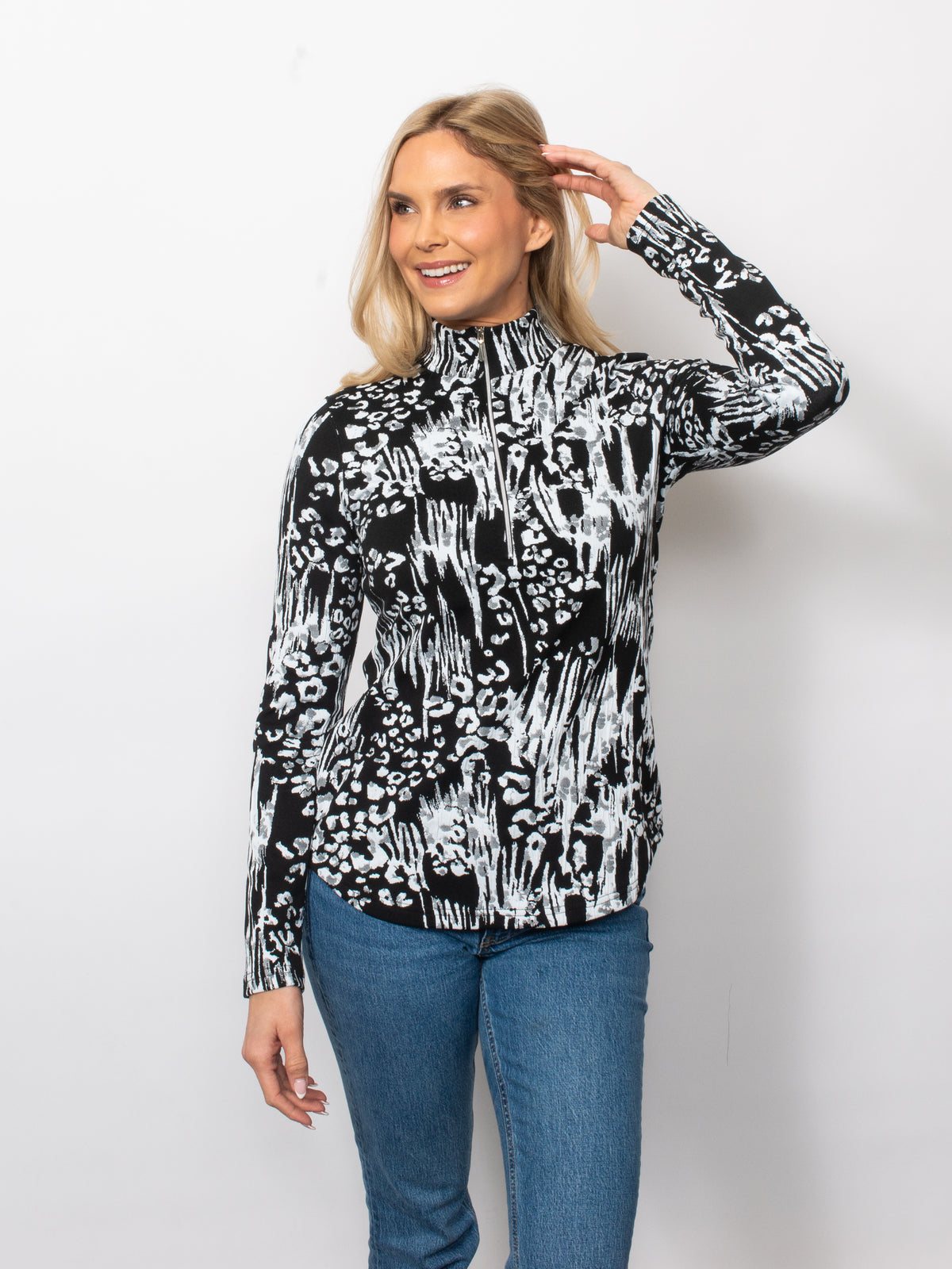 Black/White Jacquard 1/4 Zip Neck Top