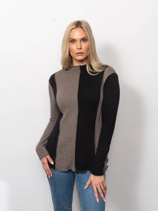 Seersucker Two Tone Mock Neck Top