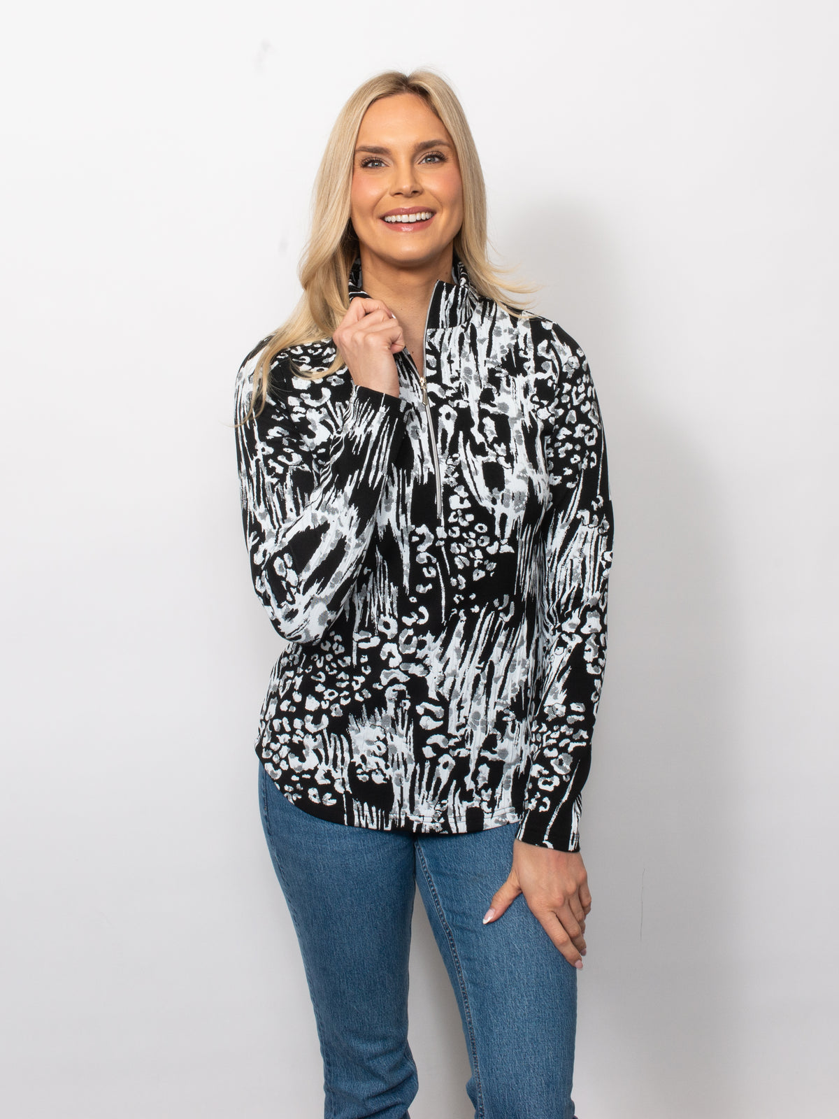 Black/White Jacquard 1/4 Zip Neck Top