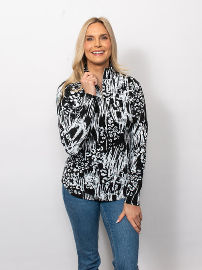 Black/White Jacquard 1/4 Zip Neck Top