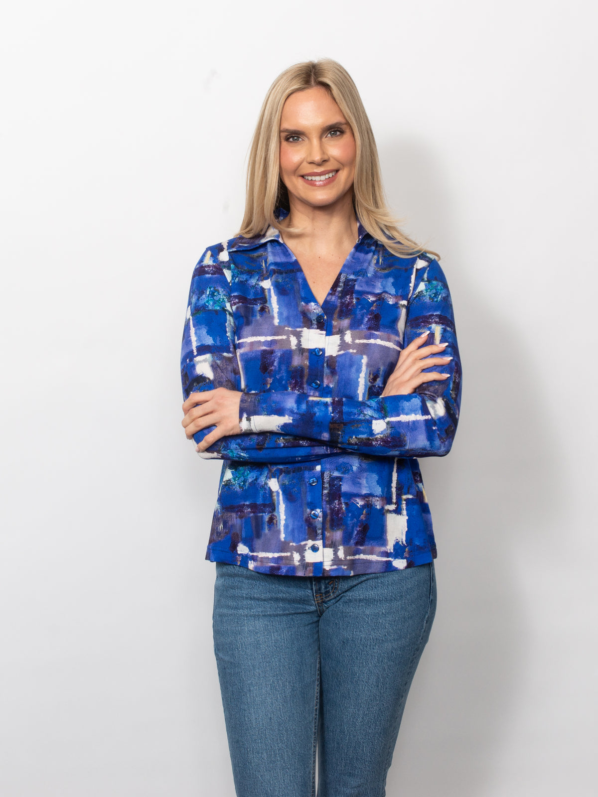 Printed Viscose V-neck Button Shirt