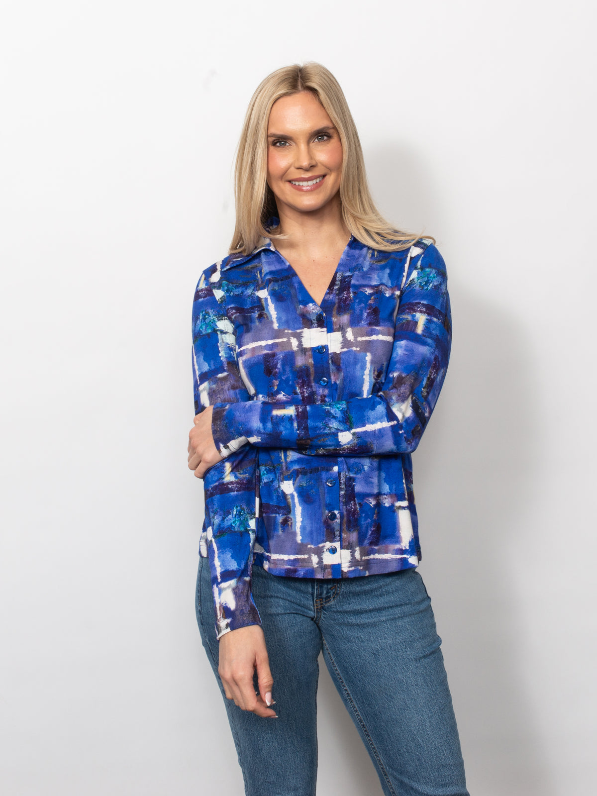 Printed Viscose V-neck Button Shirt