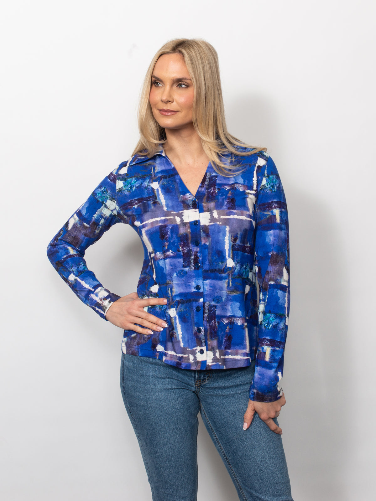 Printed Viscose V-neck Button Shirt