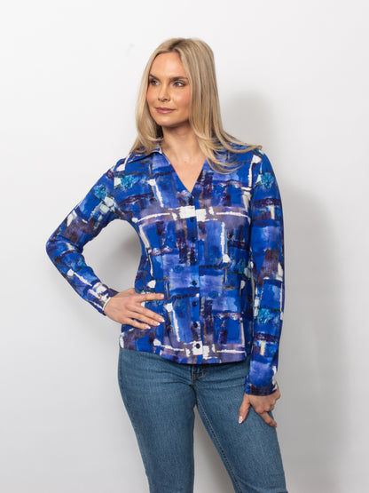 Printed Viscose V-neck Button Shirt