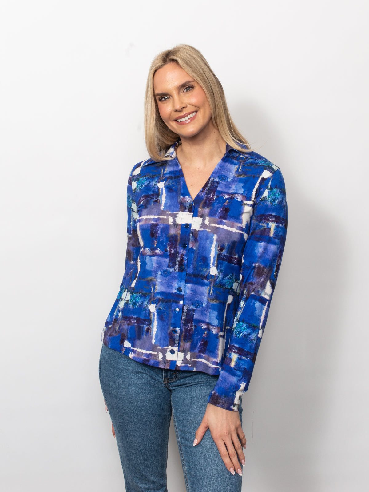 Printed Viscose V-neck Button Shirt