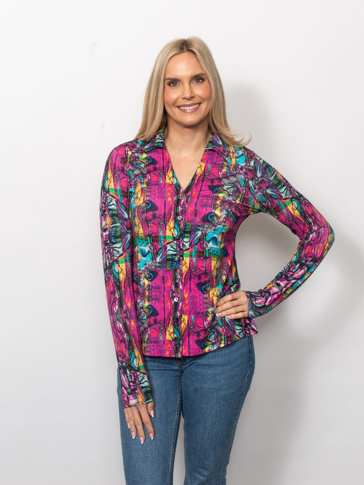 Printed Viscose V-neck Button Shirt