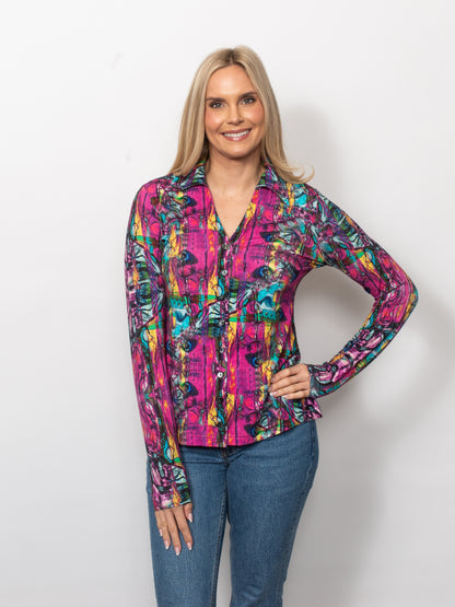 Printed Viscose V-neck Button Shirt