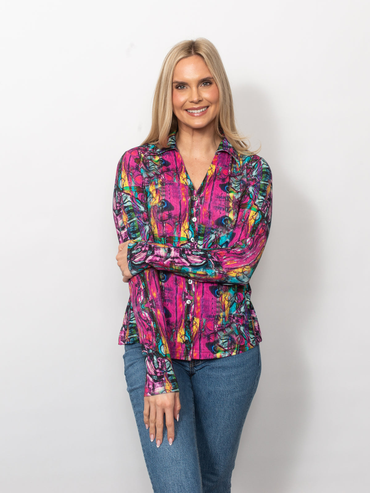 Printed Viscose V-neck Button Shirt