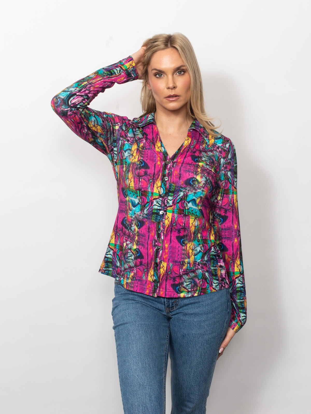 Printed Viscose V-neck Button Shirt