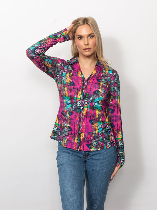 Printed Viscose V-neck Button Shirt