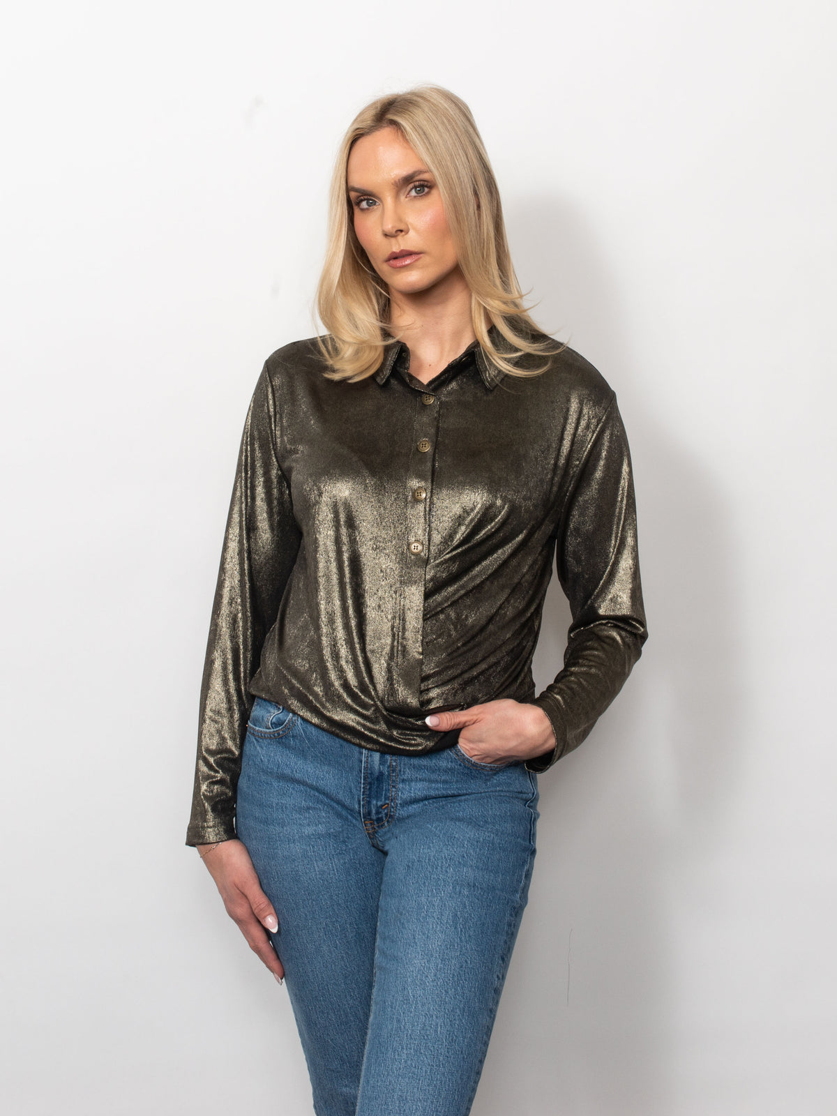 Metallic Twist Front Collared Shirt