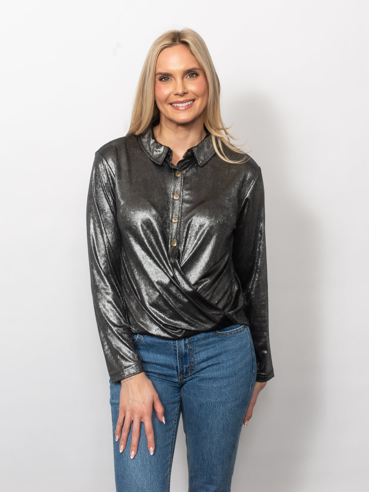 Metallic Twist Front Collared Shirt