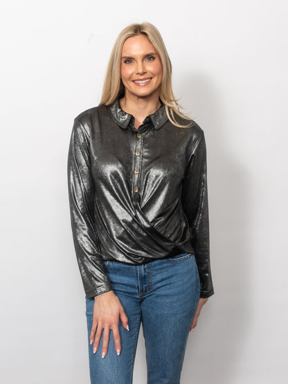 Metallic Twist Front Collared Shirt