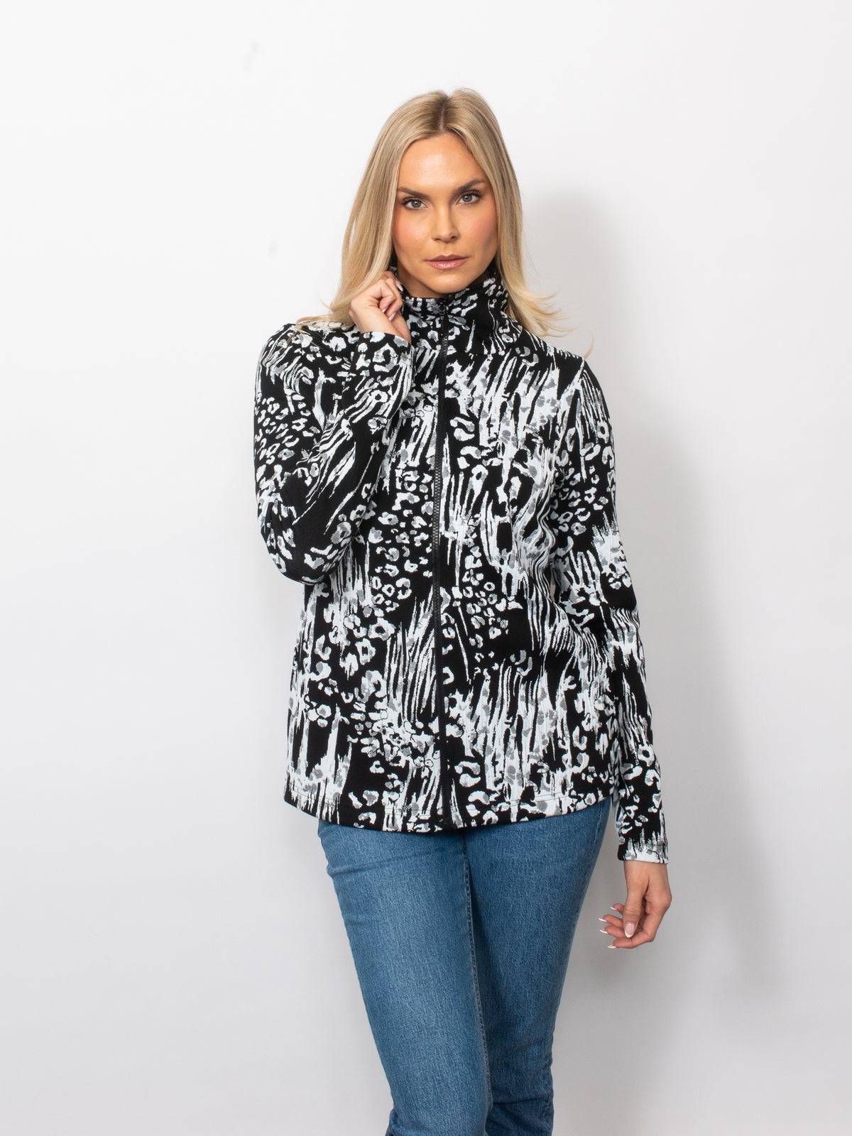 Black/White Jacquard Full Zip Top