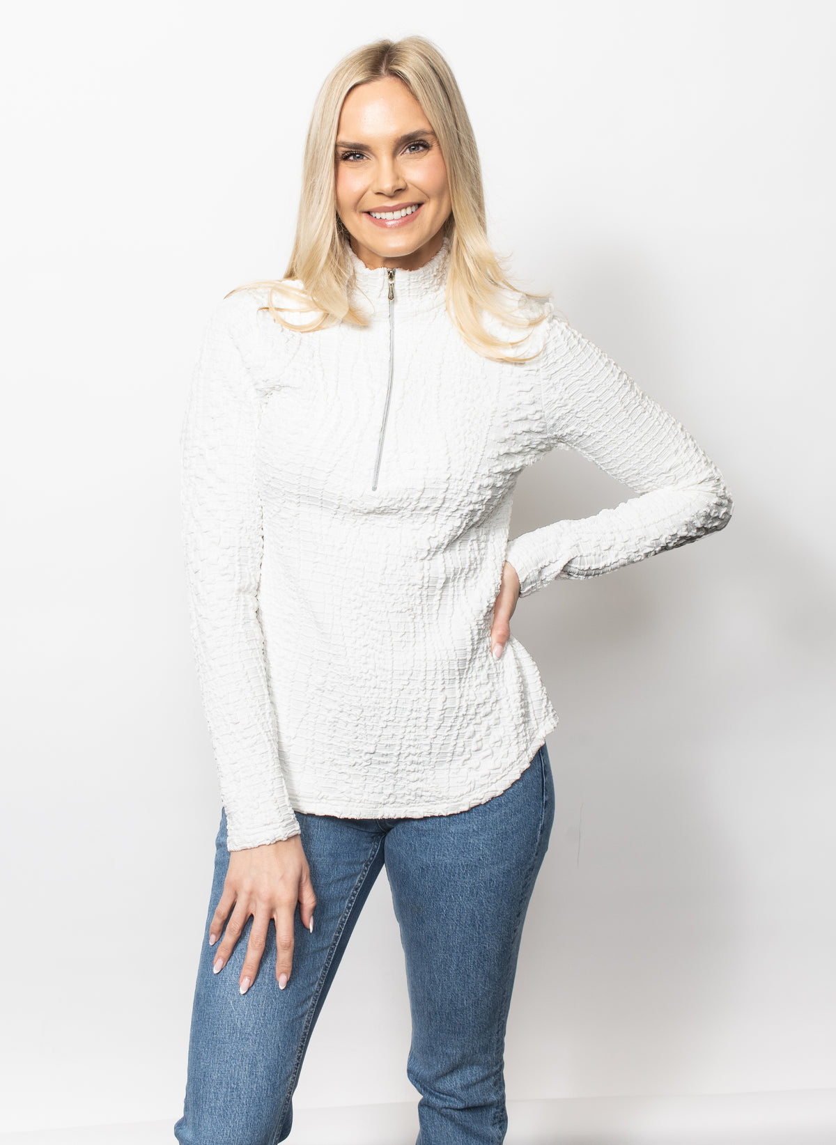 Wavy Blister Zipped Neck Top