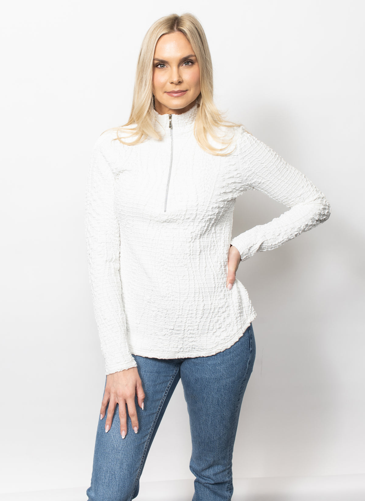 Wavy Blister Zipped Neck Top