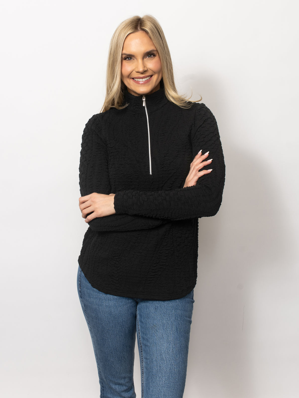 Wavy Blister Zipped Neck Top