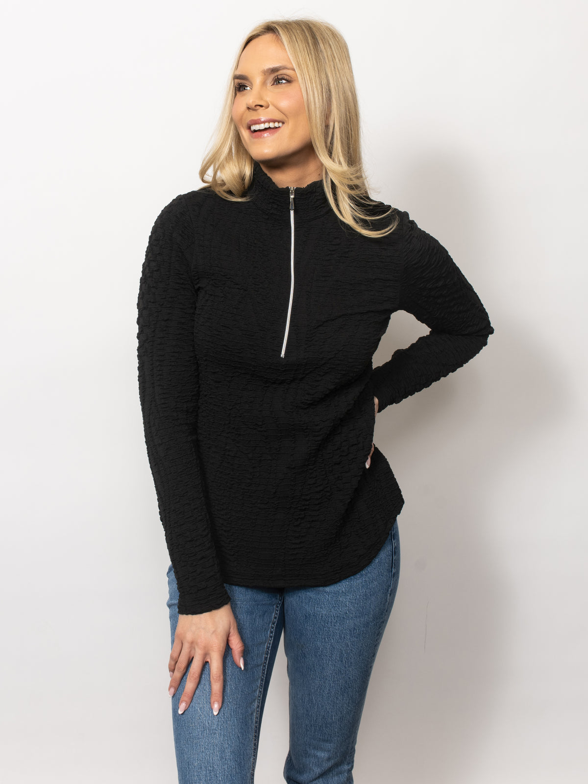 Wavy Blister Zipped Neck Top