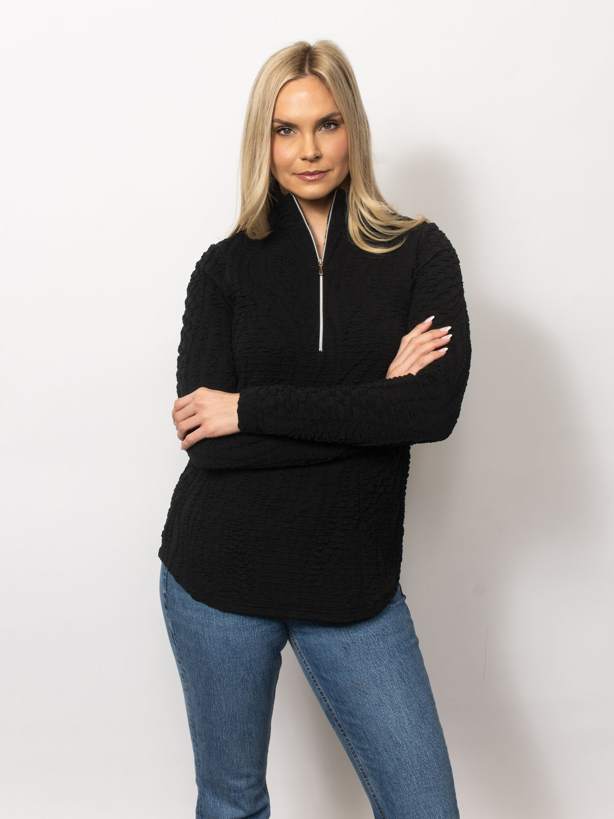 Wavy Blister Zipped Neck Top
