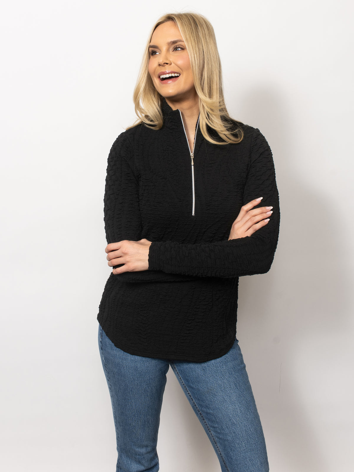 Wavy Blister Zipped Neck Top