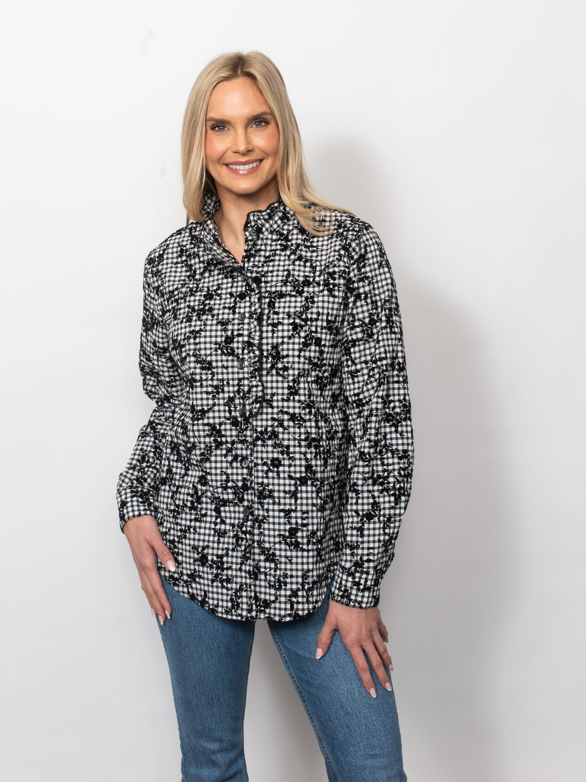 Gingham Flocked Ruffle Neck Button Shirt
