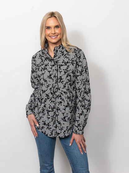 Gingham Flocked Ruffle Neck Button Shirt