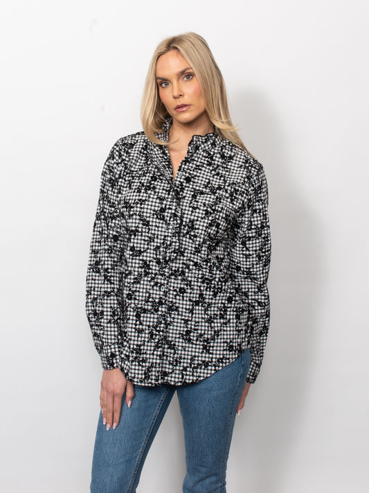 Gingham Flocked Ruffle Neck Button Shirt