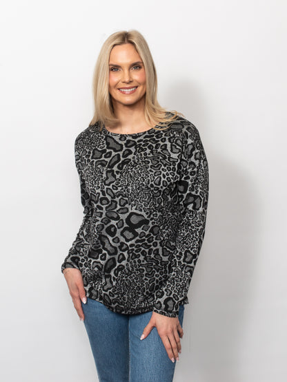 Animal Jacquard Relaxed Fit Long Sleeve Pullover Top