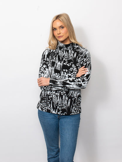 Black/White Jacquard Asymmetric  Zip Neck Top