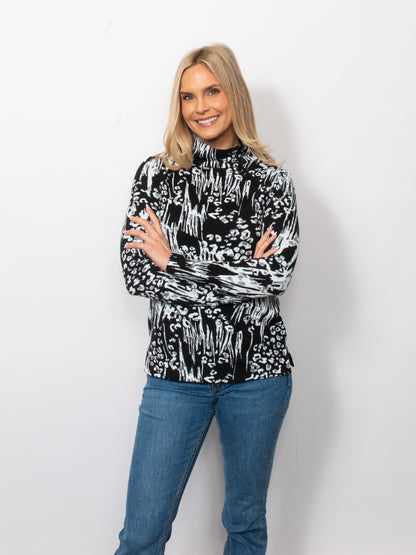 Black/White Jacquard Asymmetric  Zip Neck Top