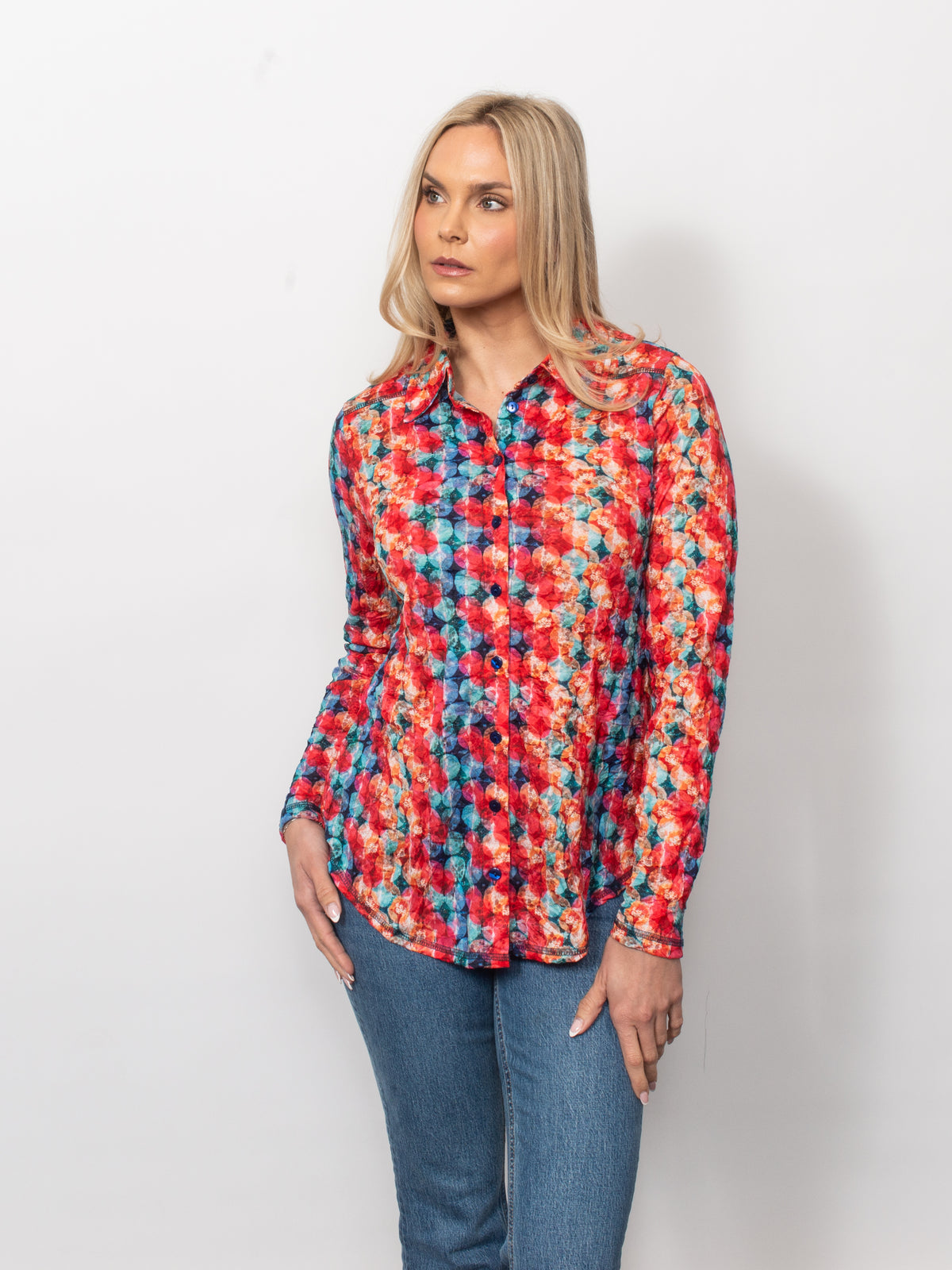 Printed Crinkle Button Up Shirt