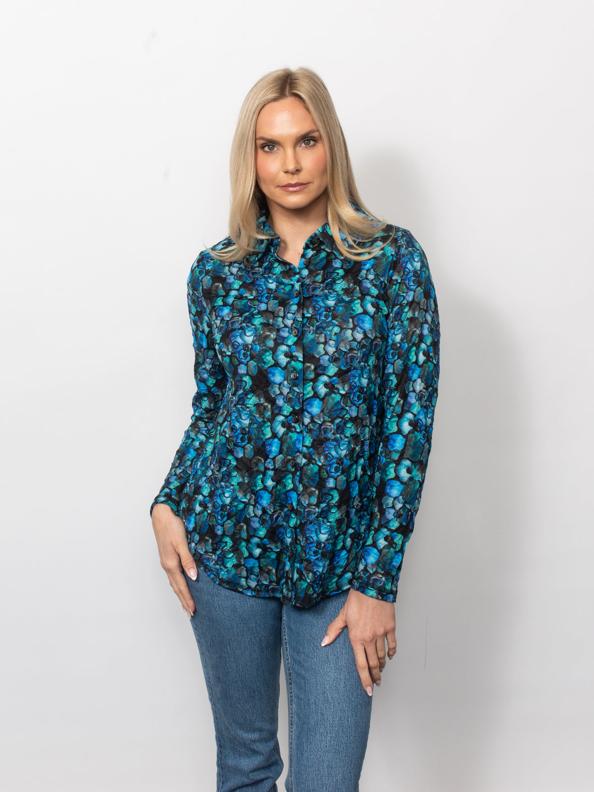 Printed Crinkle Button Up Shirt