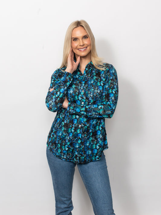 Printed Crinkle Button Up Shirt