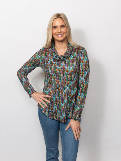 Printed Crinkle Cowl Neck Top