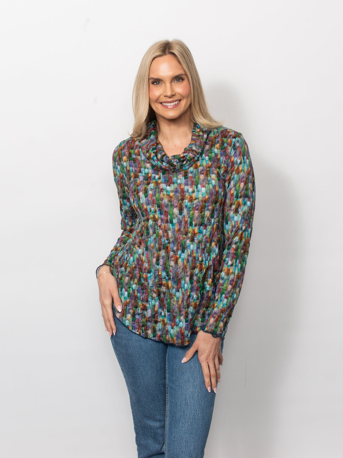 Printed Crinkle Cowl Neck Top