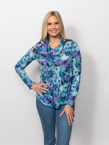 Printed Crinkle Cowl Neck Top