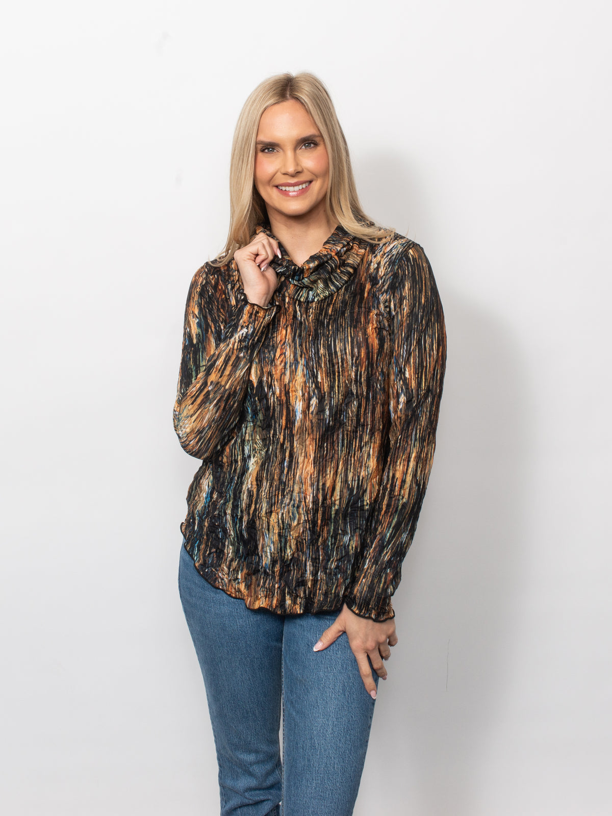 Printed Crinkle Cowl Neck Top