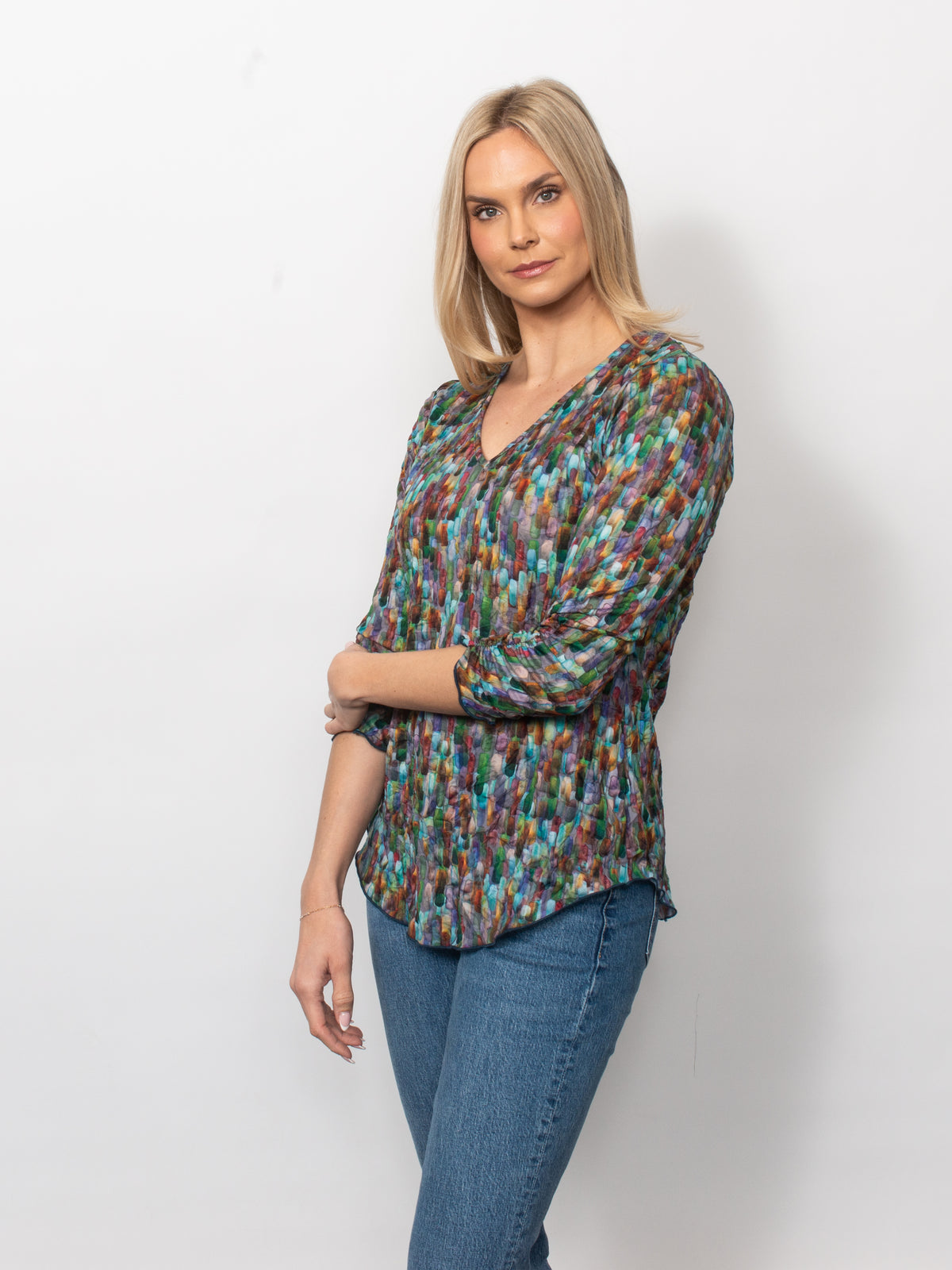Printed Crinkle V-Neck Top