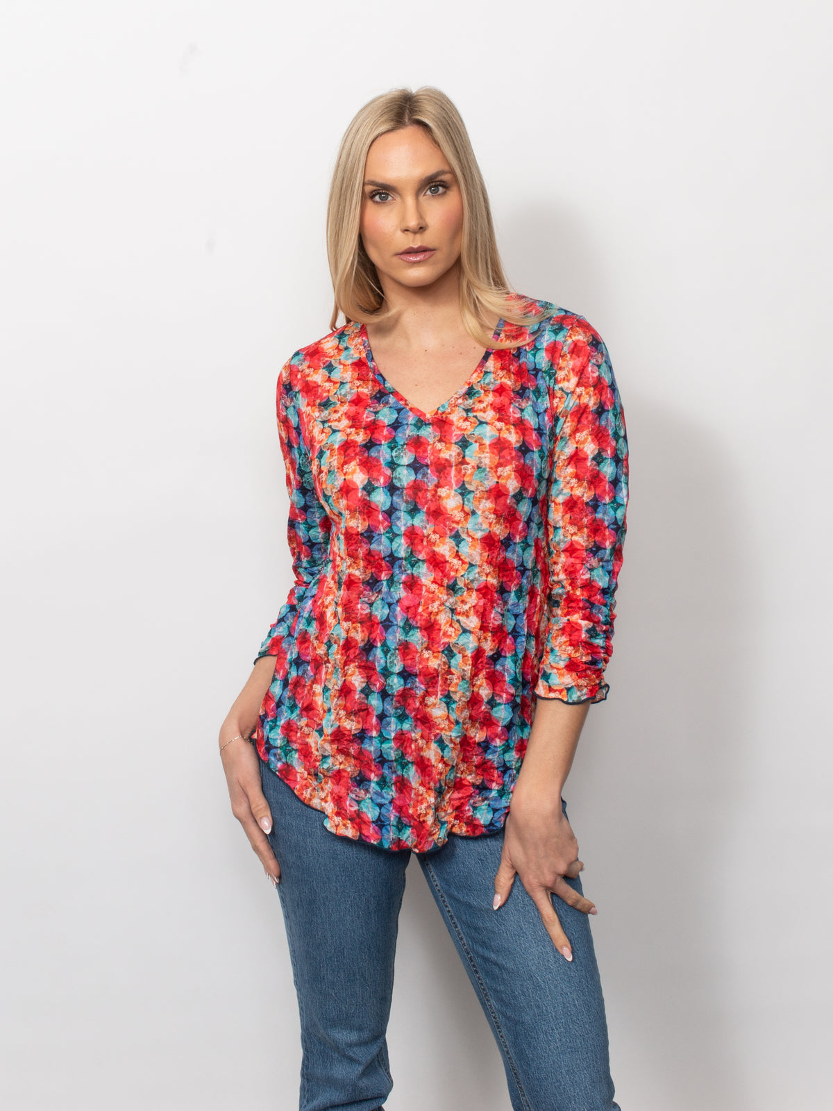 Printed Crinkle V-Neck Top