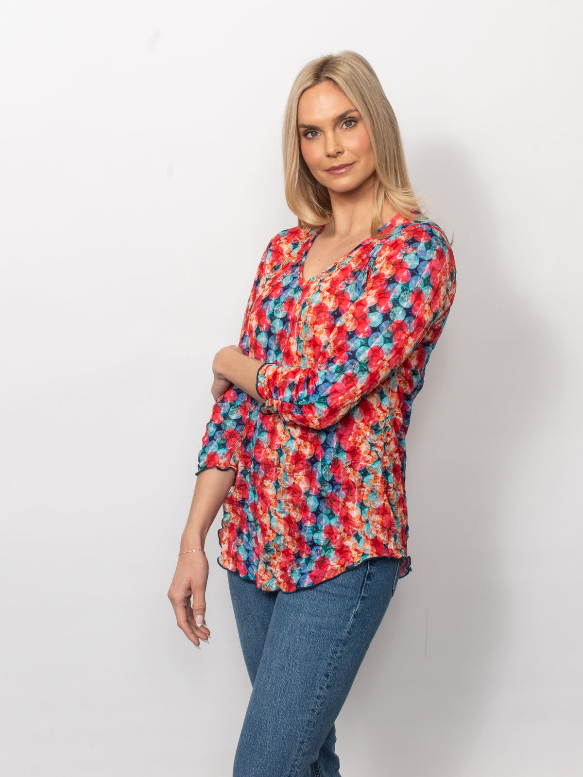 Printed Crinkle V-Neck Top
