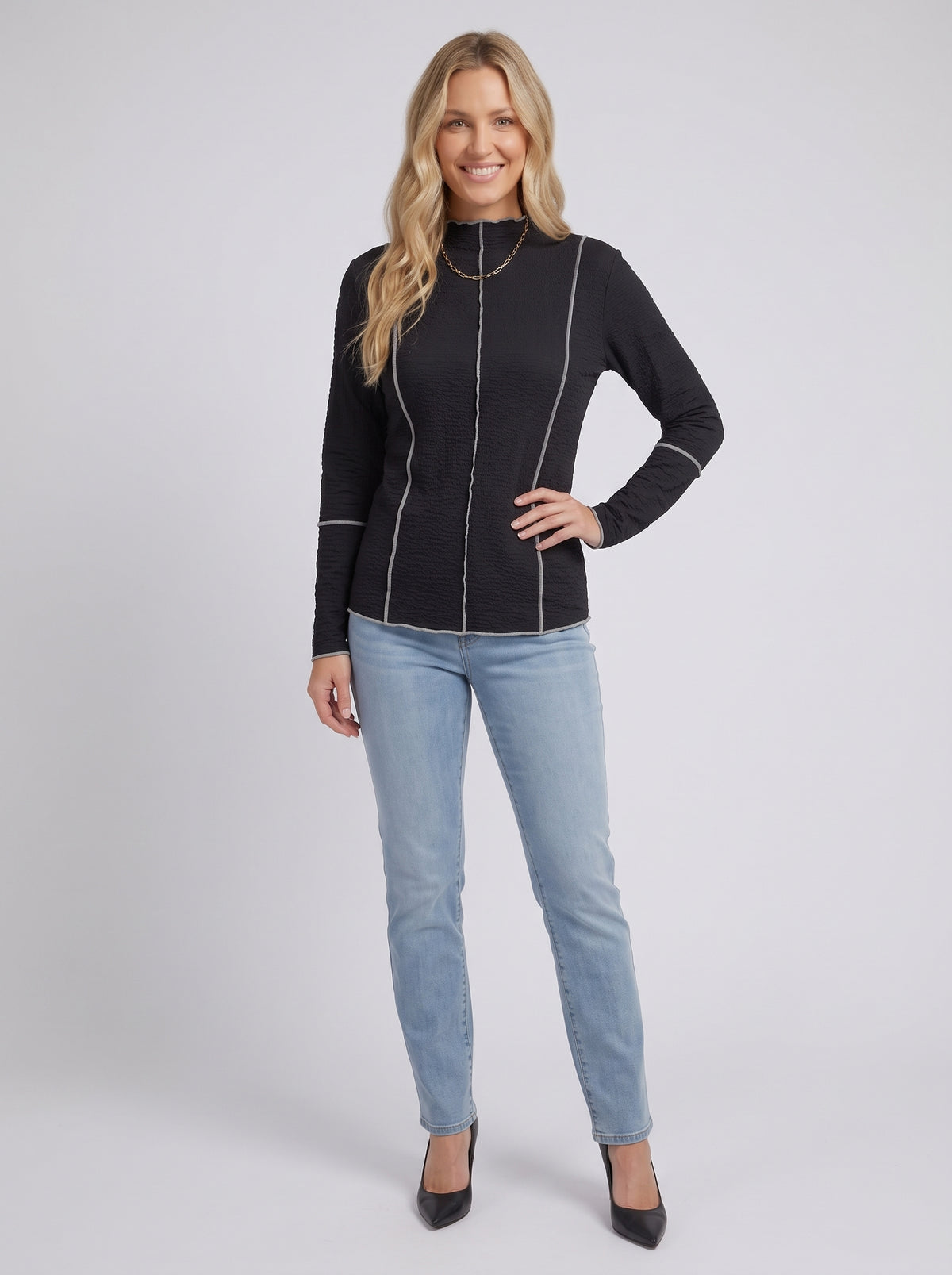 Seersucker Mock Neck Top