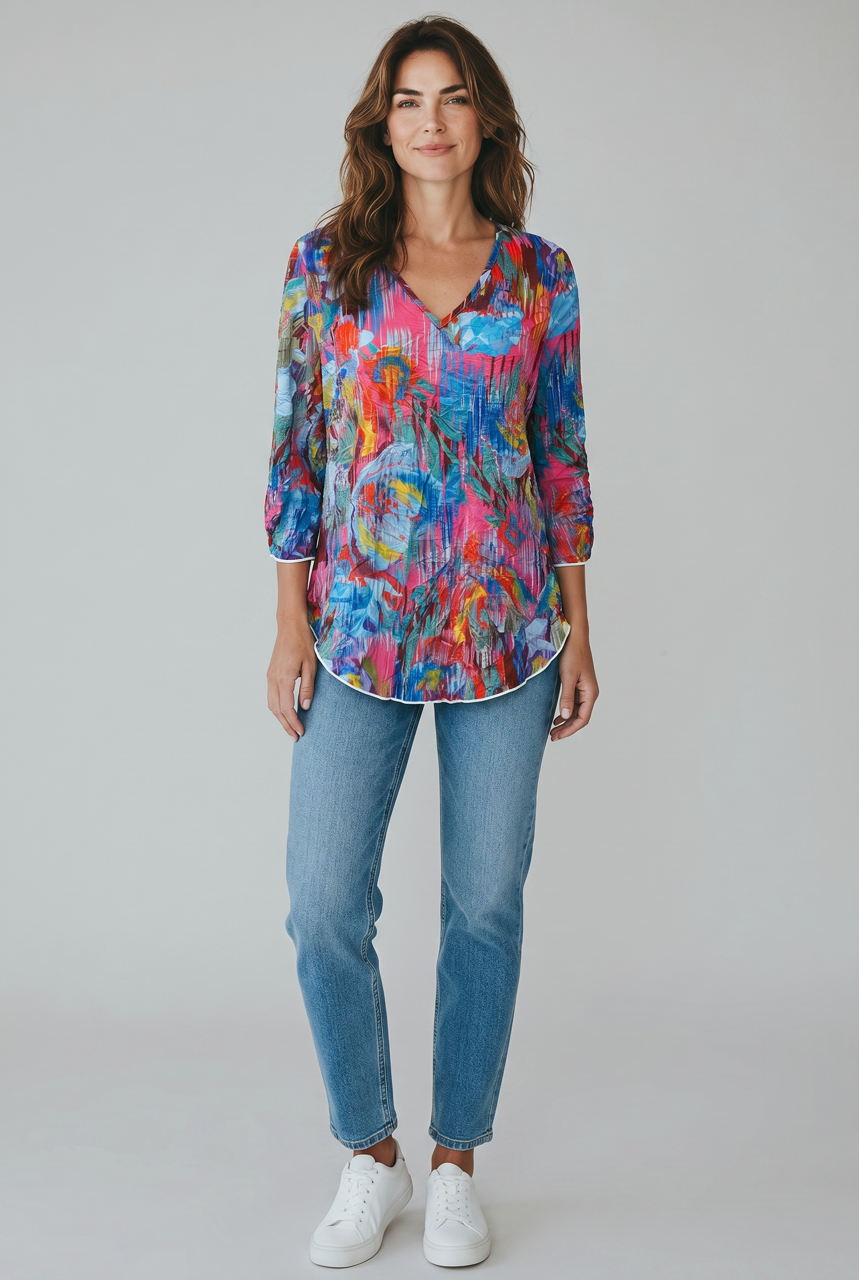 Printed Crinkle V-neck Top