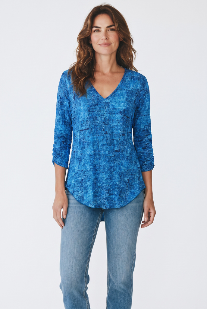 Printed Crinkle V-Neck Top