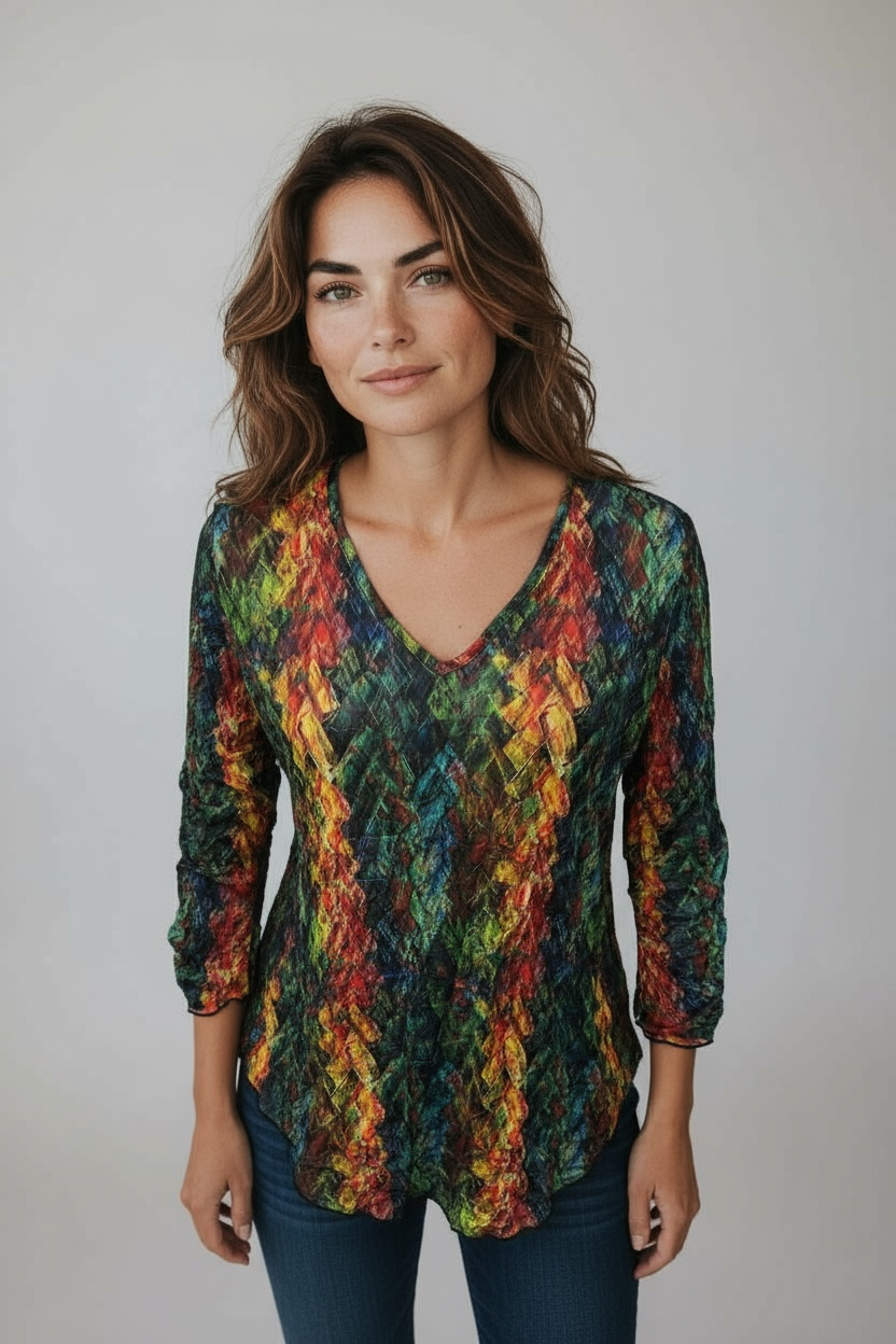 Printed Crinkle V-neck Top
