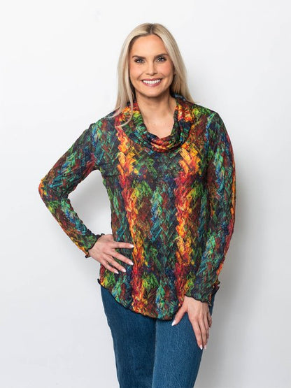 Printed Crinkle Cowl Neck Top
