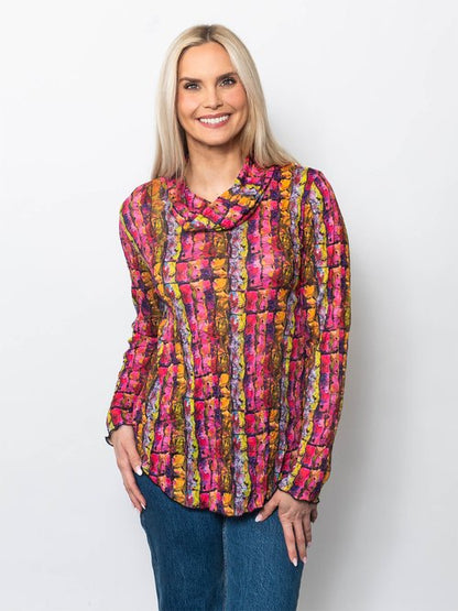Printed Crinkle Cowl Neck Top